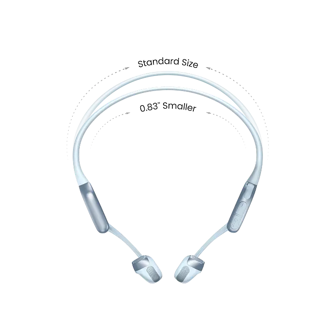 Shokz OpenRun Pro 2 bone conduction headphones in light blue with size comparison