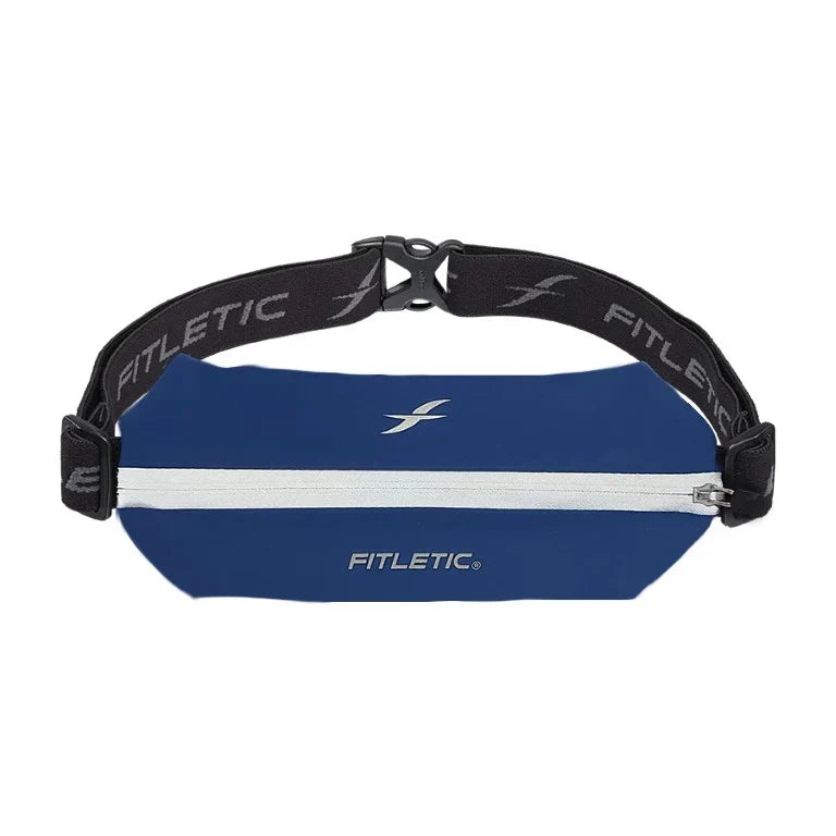 Fitletic Race II Number Belt in navy blue with reflective white zipper and branded strap