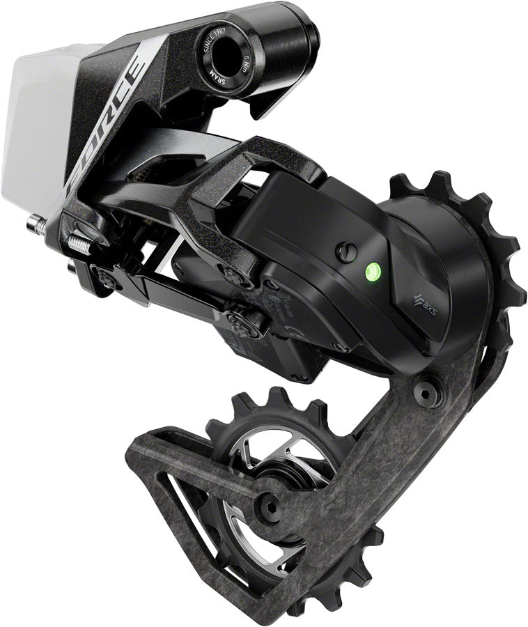 SRAM Force AXS E1 12-speed rear derailleur alternate angle showing AXS branding and LED