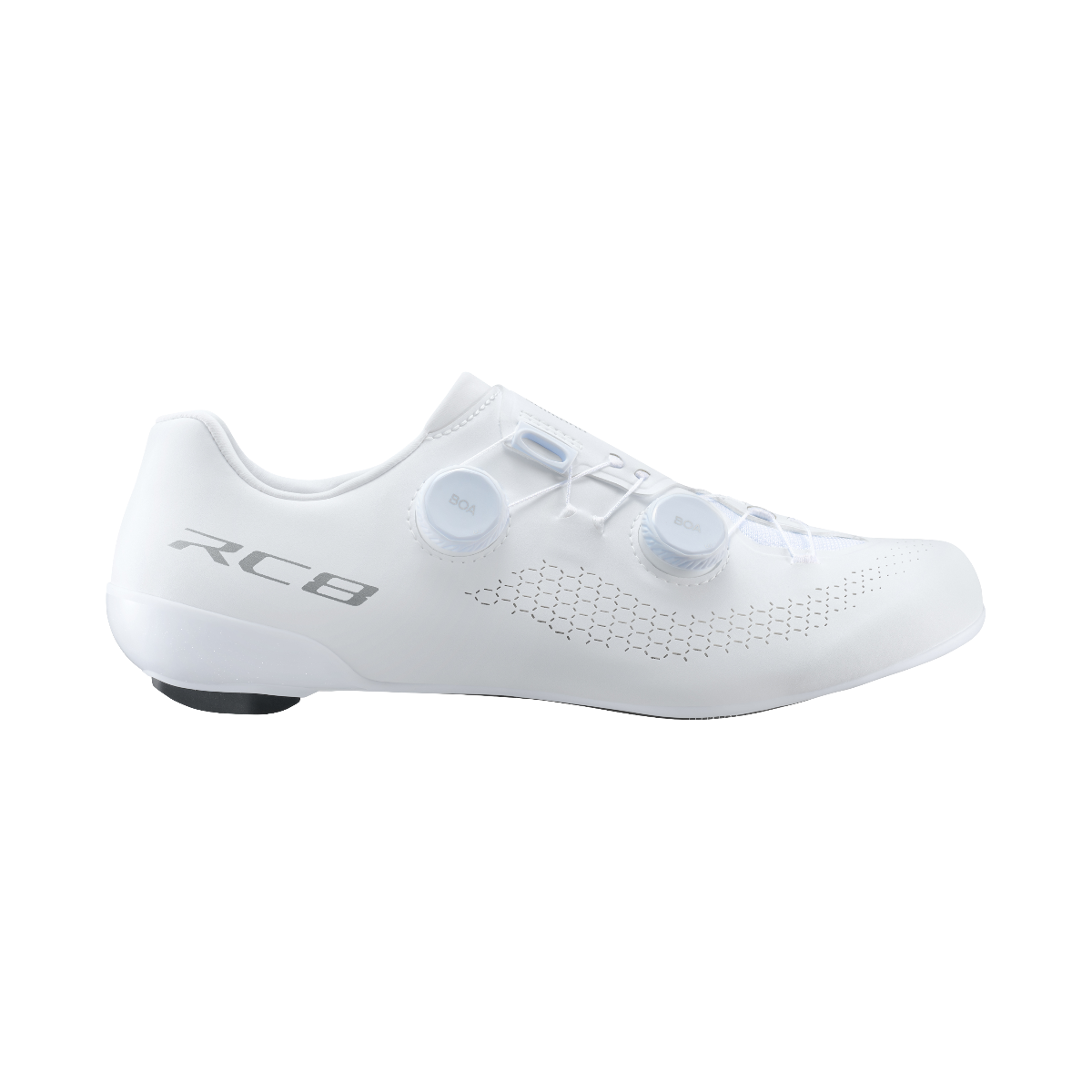 Shimano RC8 road cycling shoe in white with dual BOA dials, lateral view