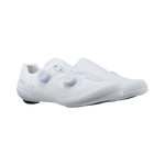 Pair of Shimano RC8 white road cycling shoes with dual BOA closures, angled three-quarter view