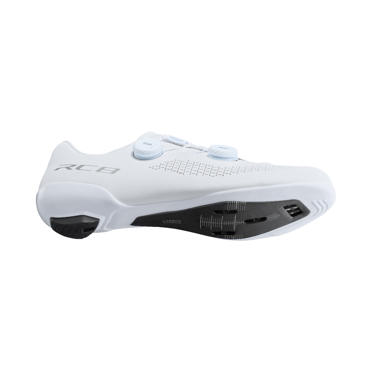 Shimano RC8 white cycling shoe lateral view showing carbon sole and BOA dial closure system