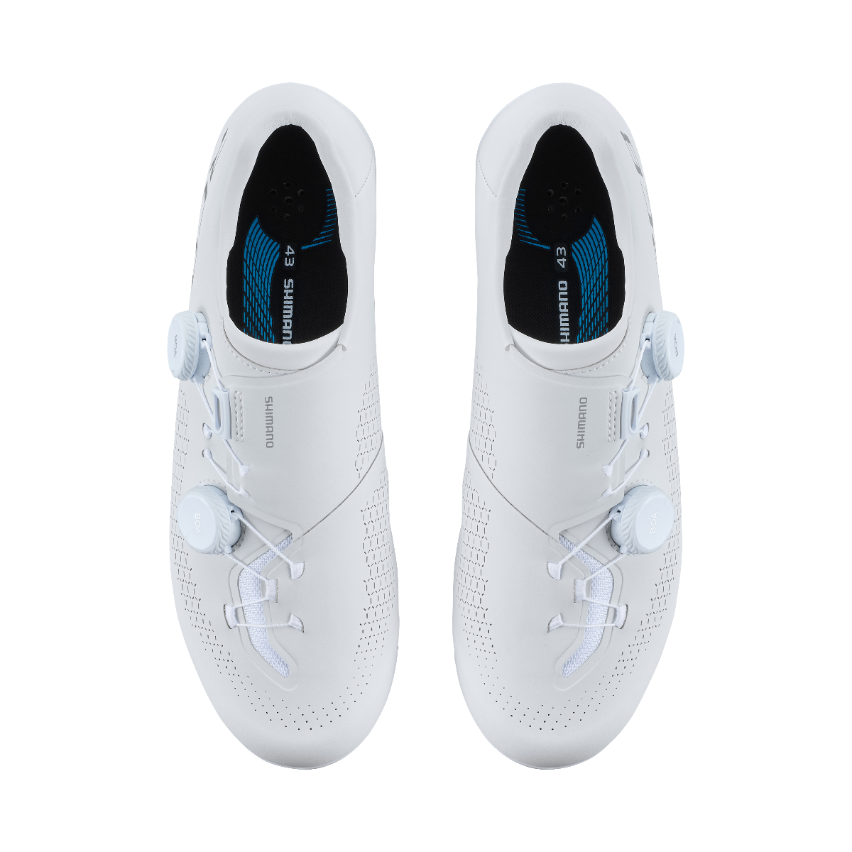Top-down view of Shimano RC8 white cycling shoes pair showing Shimano insoles and BOA dials
