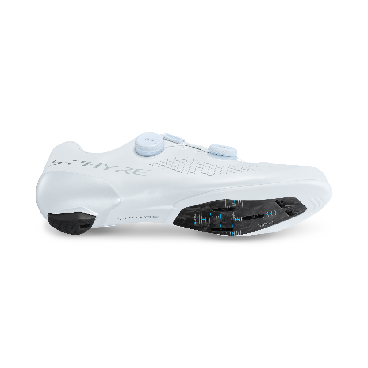 Shimano S-PHYRE SH-RC910 white cycling shoe angled view showing carbon sole and BOA closure system