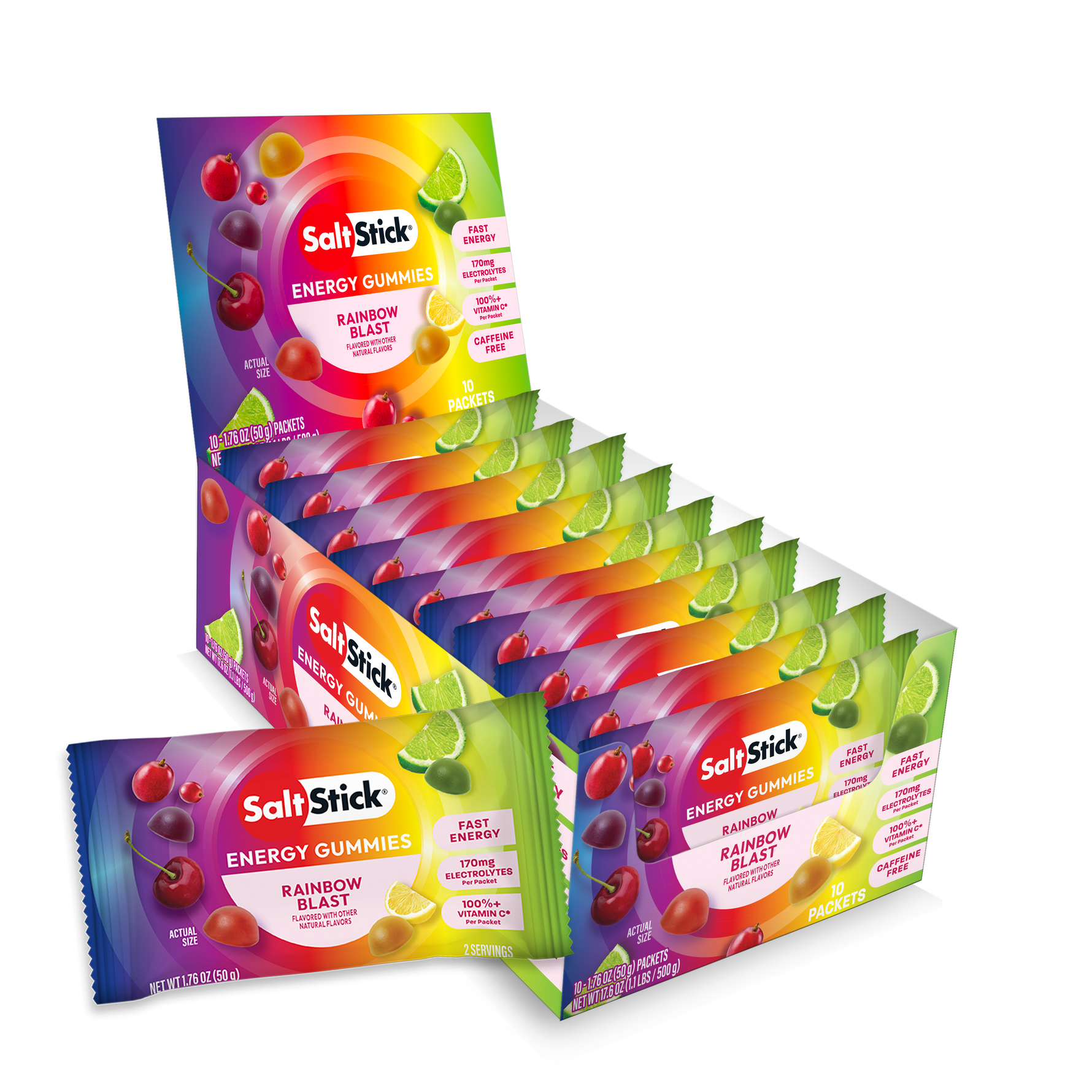 SaltStick Rainbow Blast Energy Gummies single packet and 10-count display box with colorful rainbow packaging