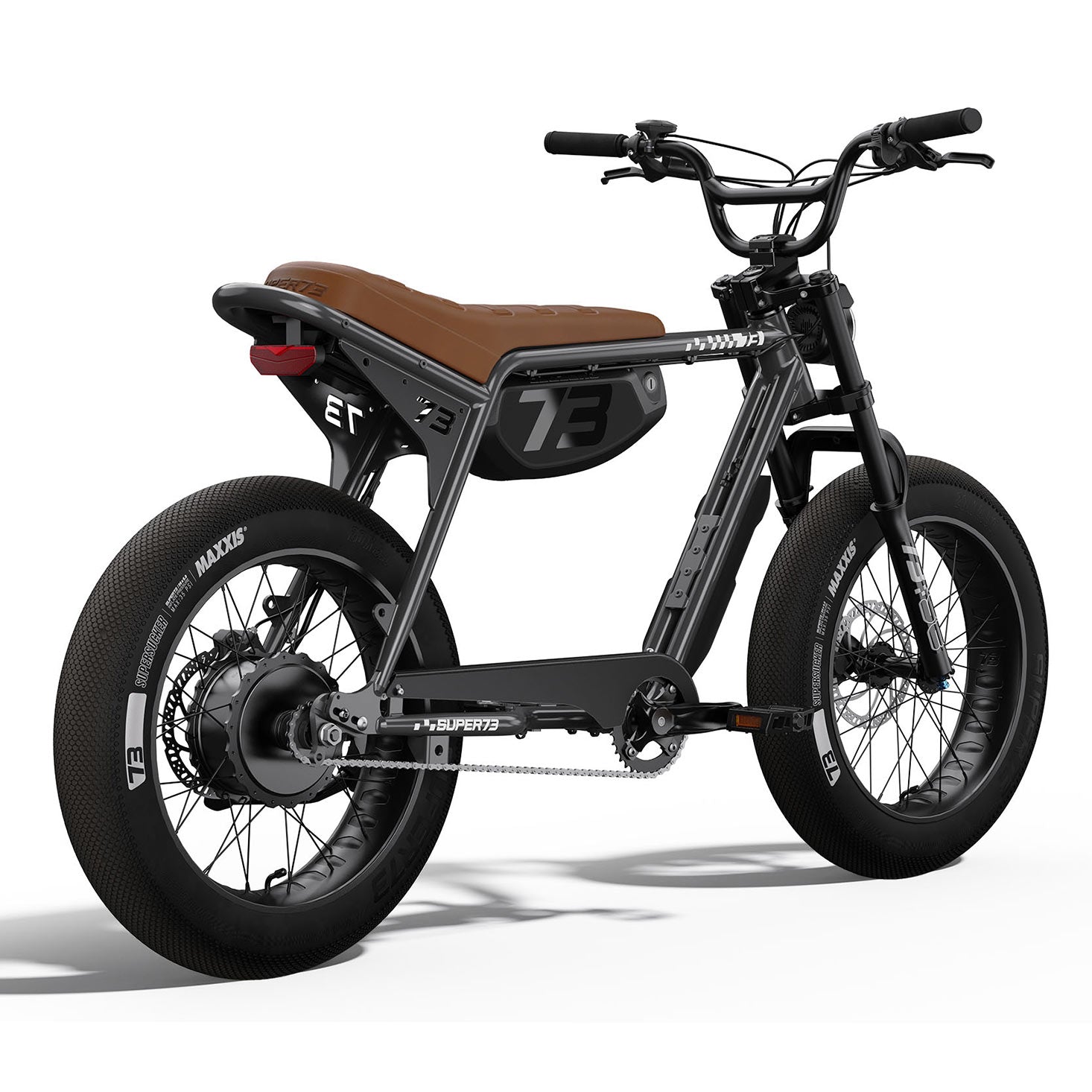 SUPER73-ZX SE electric bike in black with brown leather seat and knobby tires
