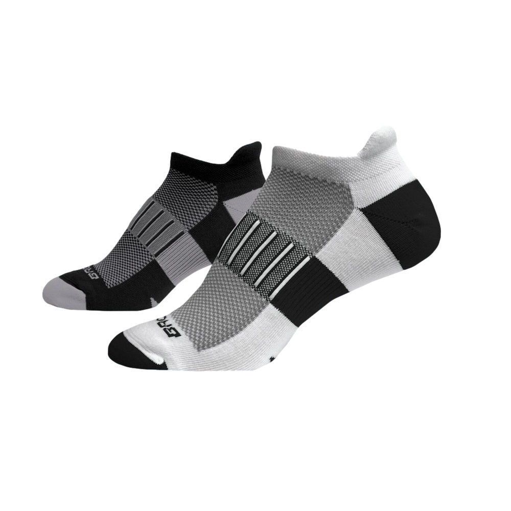 Brooks Ghost Midweight no-show socks in white/black and black/oxford colorways, two pairs