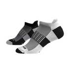 Brooks Ghost Midweight no-show socks in black and white colorways, two pairs shown