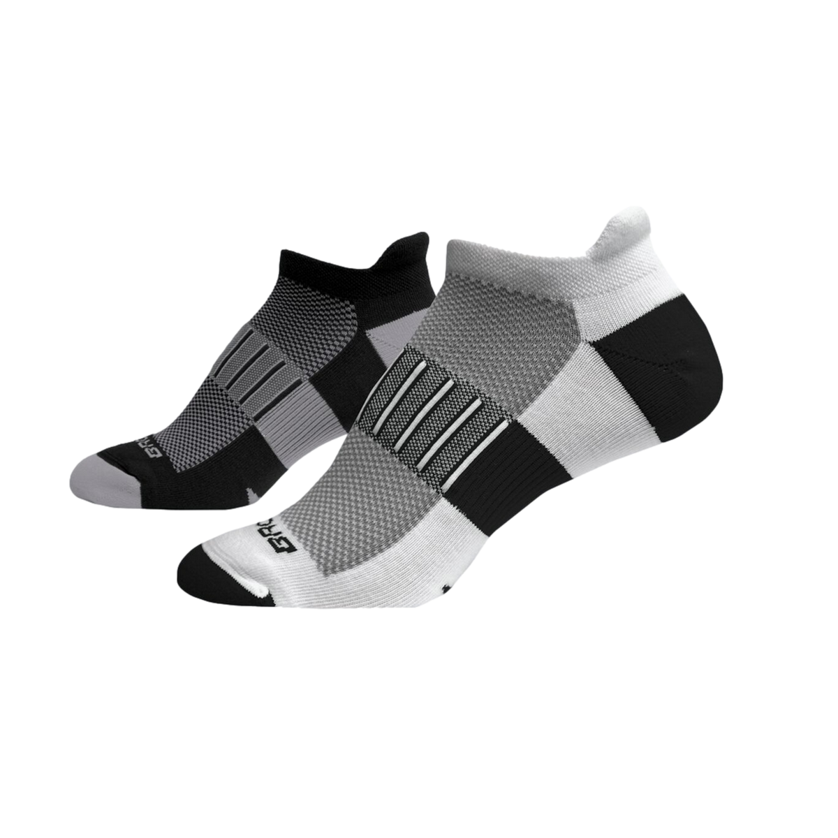 Brooks Ghost Midweight no-show socks in black and white colorways, two pairs shown