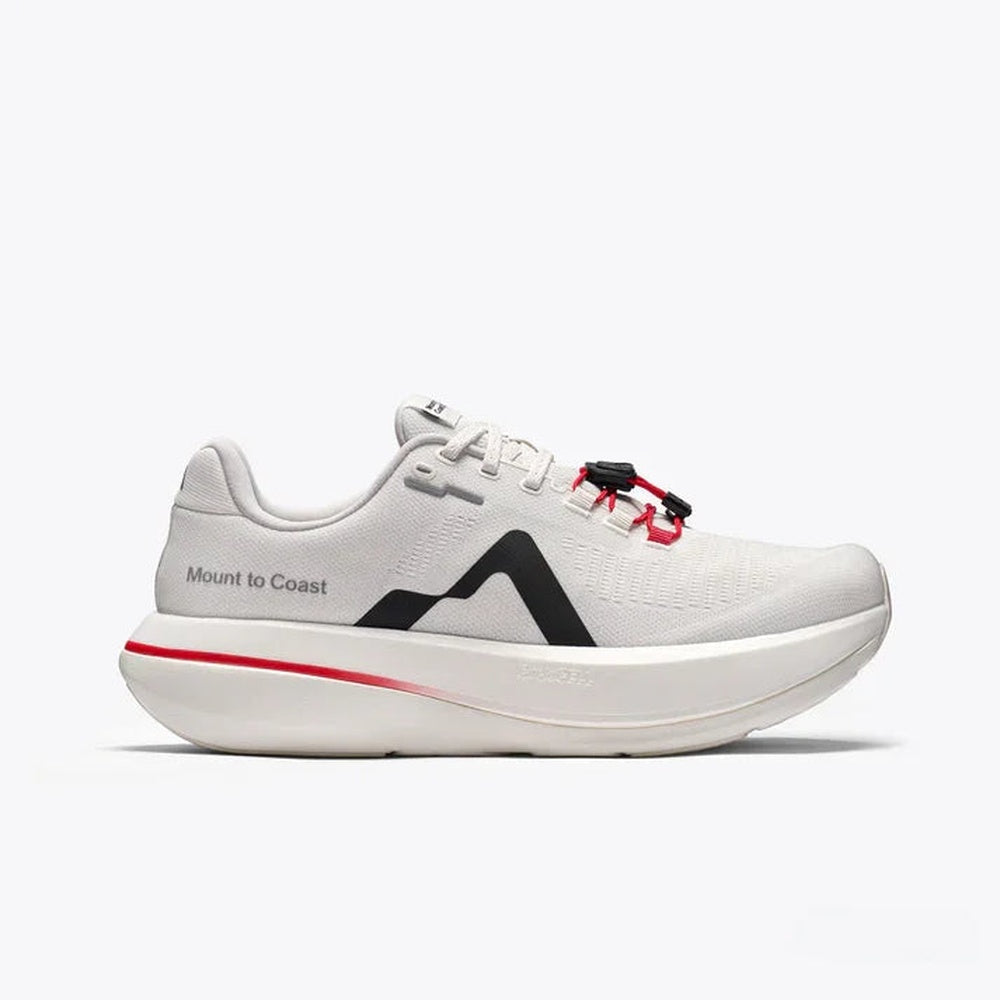 Mount to Coast C1 road running shoe in white with red accent and black logo