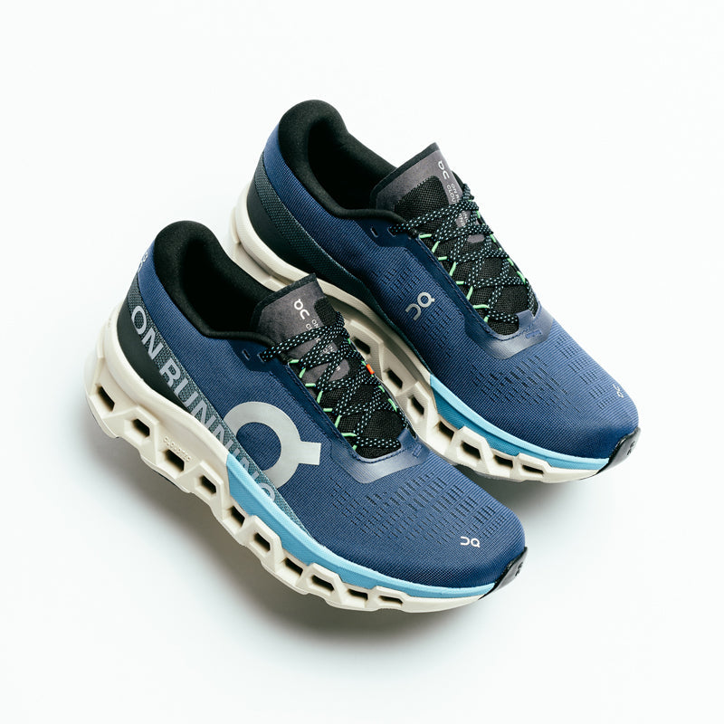 On Cloudmonster 2 running shoes in blue colorway with distinctive cloud-pod sole