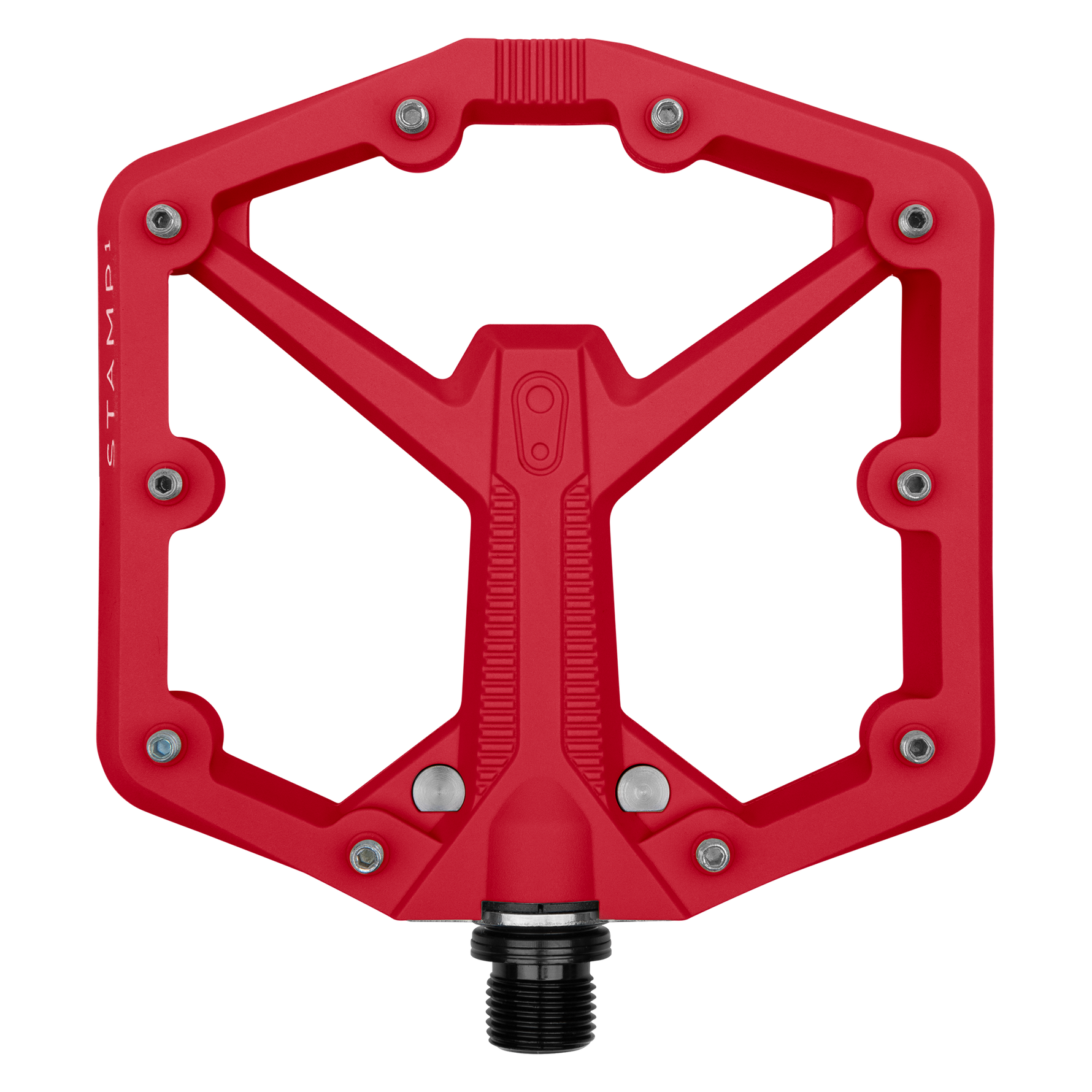 Red Crankbrothers Stamp 1 Gen 2 Large flat pedal with black spindle