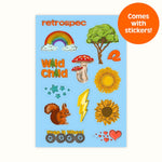 Retrospec branded sticker sheet included with kids bike featuring nature and adventure themed designs