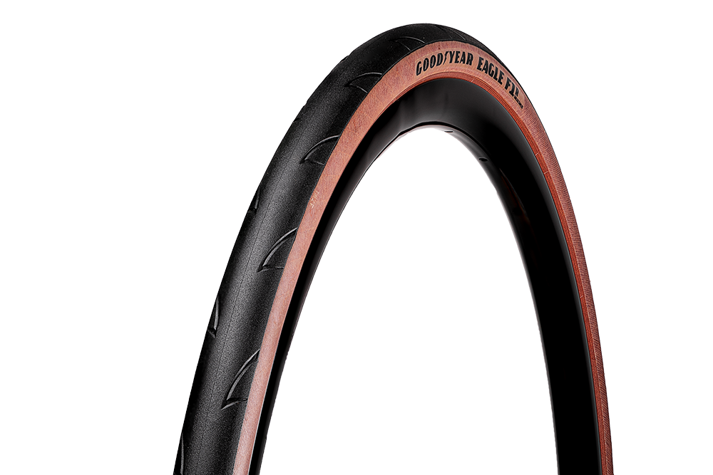Goodyear Eagle F1 R bicycle tire with black tread and brown sidewall