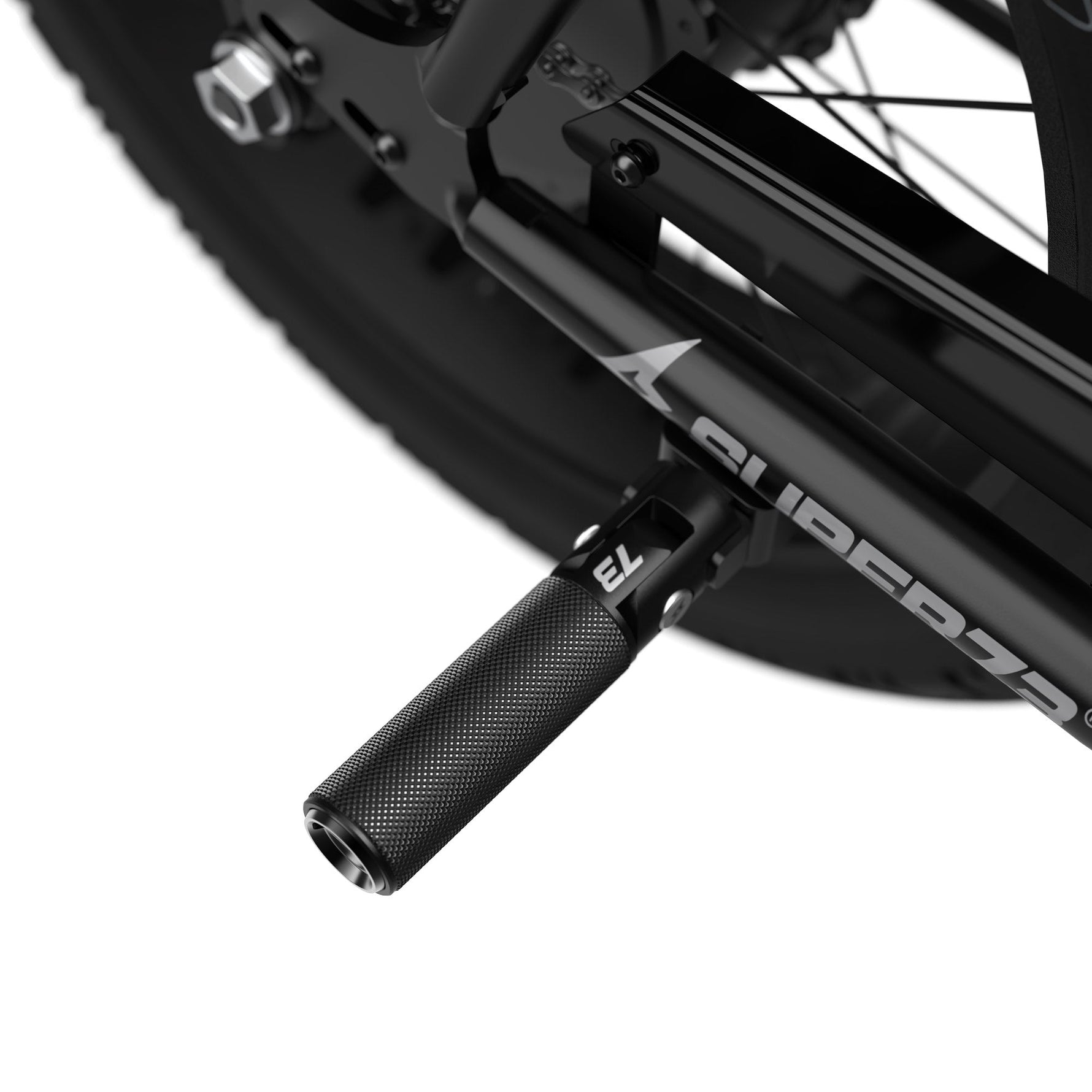 Black Super73 folding aluminum peg attached to electric bike frame