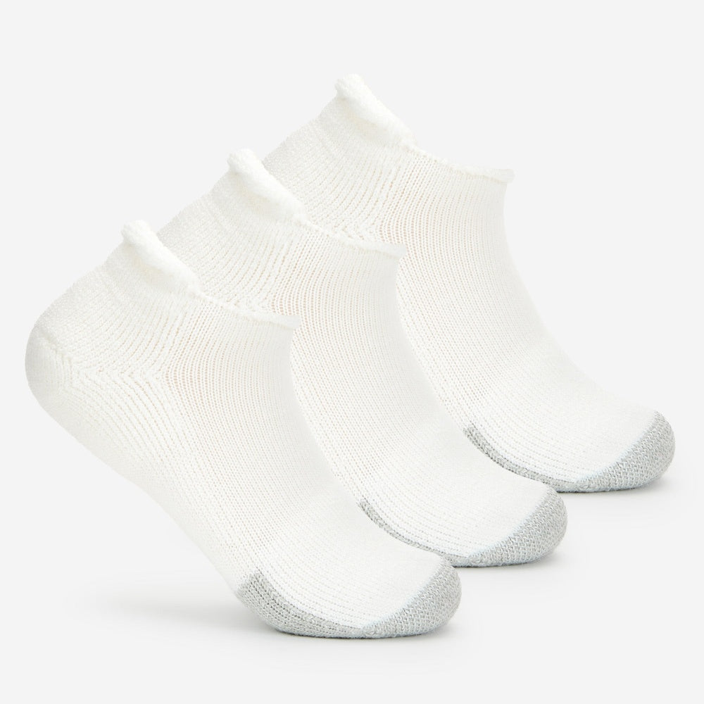 Thorlos white ankle tennis socks with gray cushioned heel and toe, three-pack