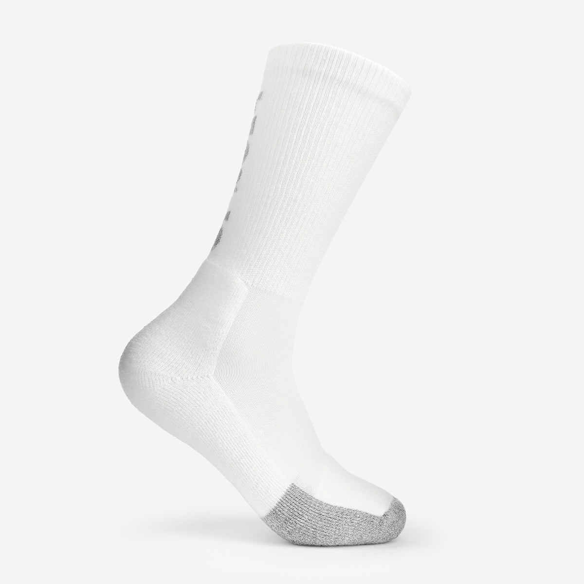 Thorlos white crew tennis sock with gray heel and toe padding displayed upright