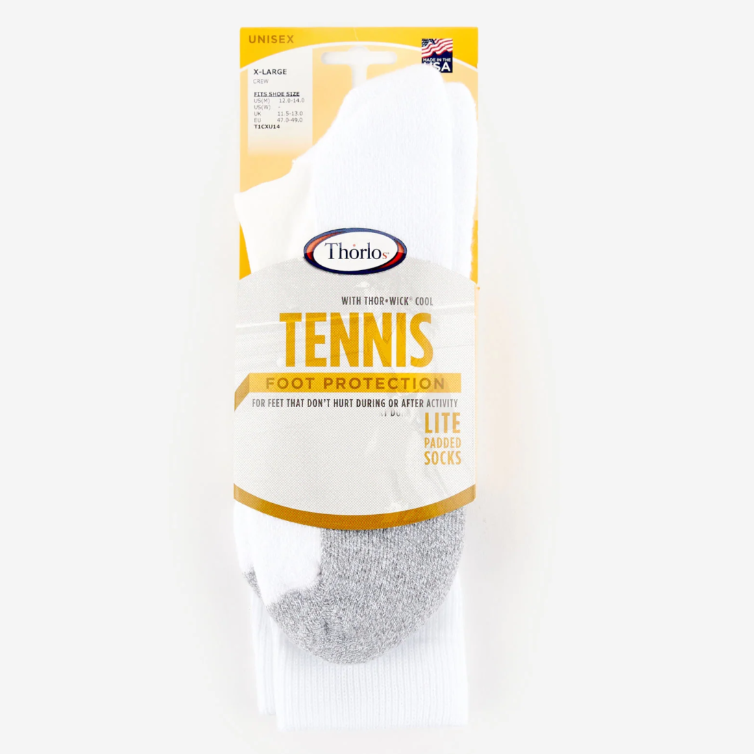 Thorlos Tennis Lite Padded crew socks in original packaging showing white sock with gray accents