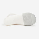 Thorlos white tennis sock with gray cushioned toe and heel reinforcement, bottom view