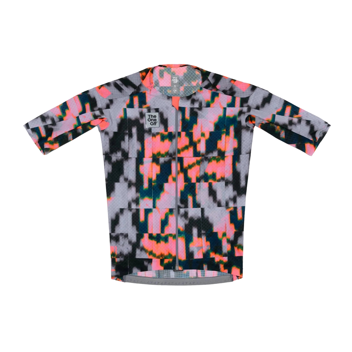 TheOneOff Krypton Short Sleeve Jersey front view in Bromine multicolor pixel camo pattern