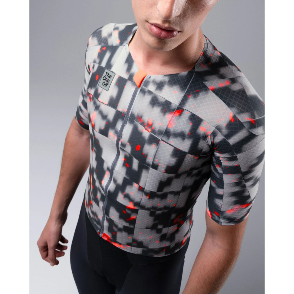 TheOneOff Krypton Short Sleeve cycling jersey in Phosphorus gray and orange pattern on male model