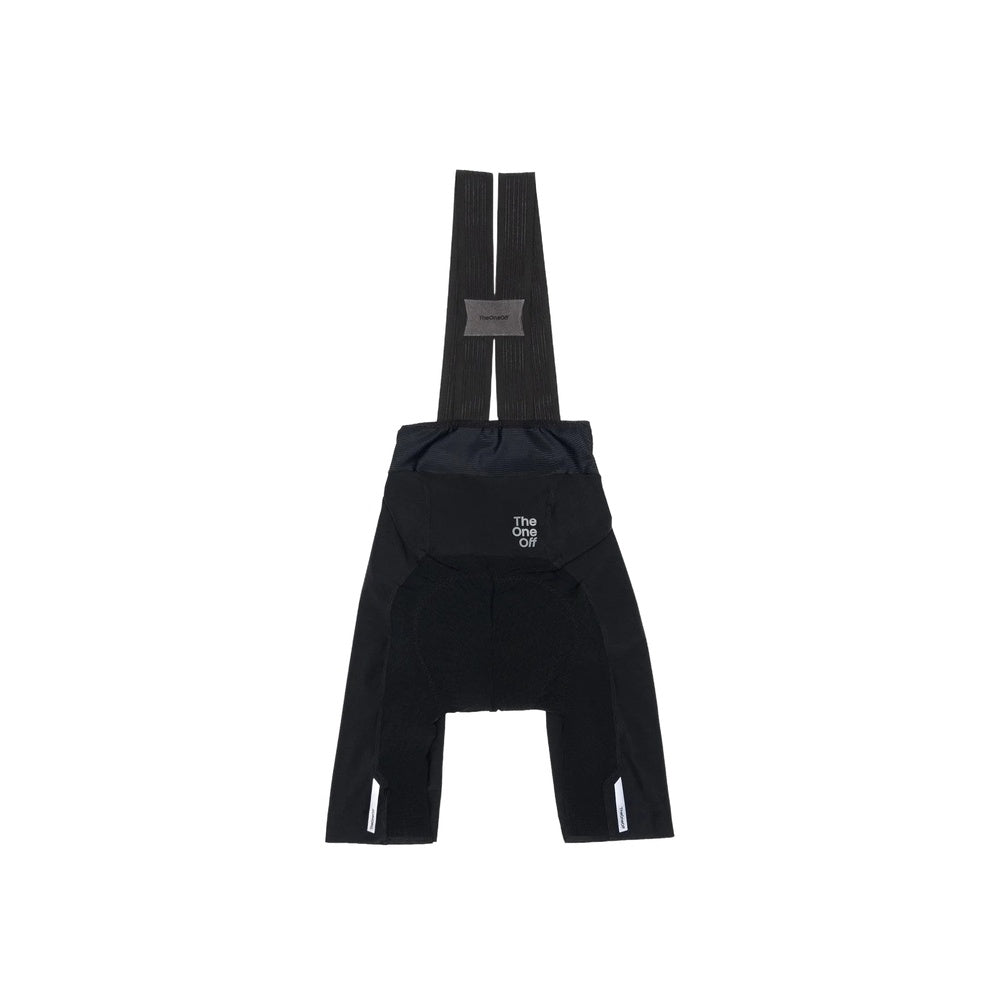 TheOneOff Xenon Bib Short in black with shoulder straps, rear view on white background