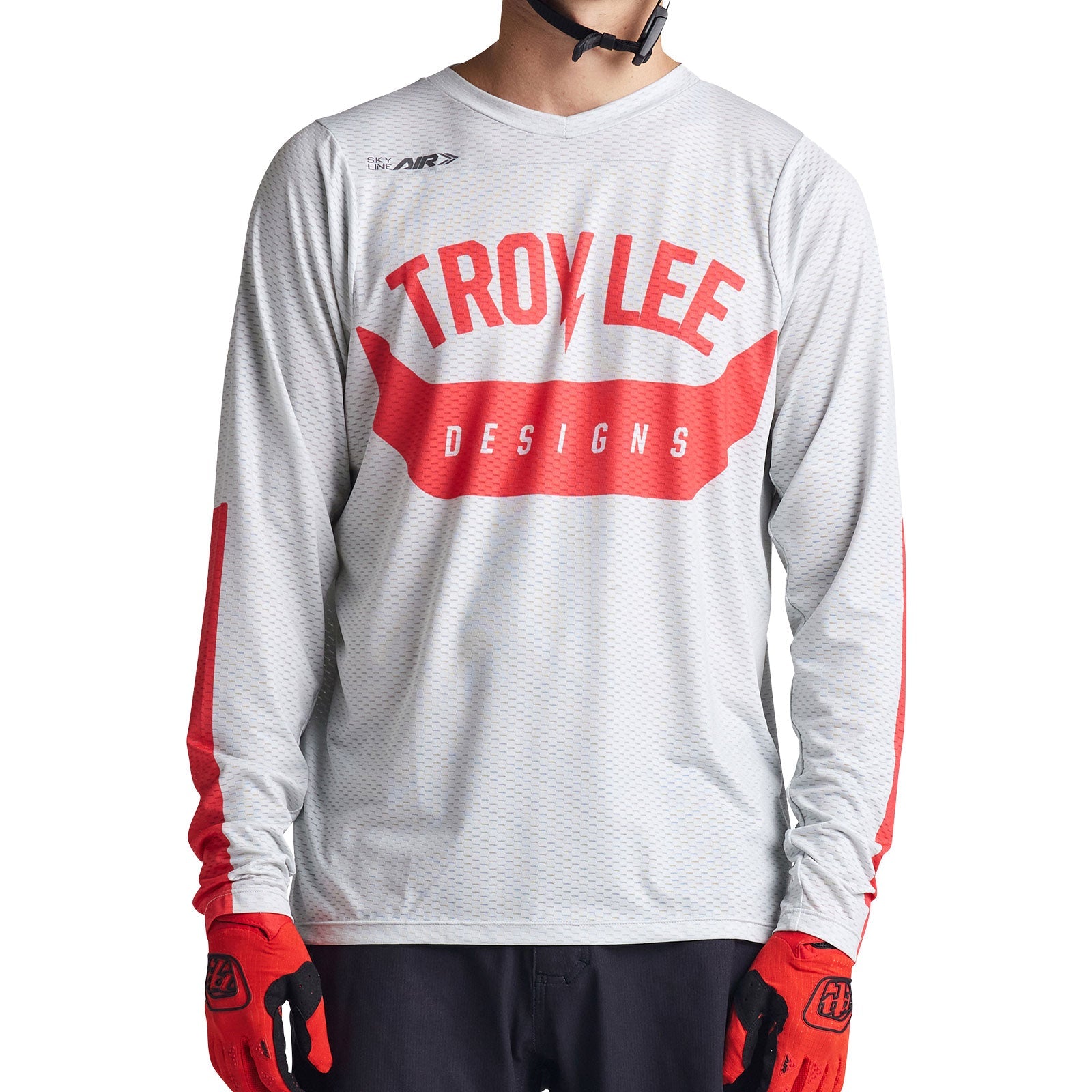 Troy Lee Designs Skyline Air LS Jersey in SRAM Roots Cement colorway with red accents