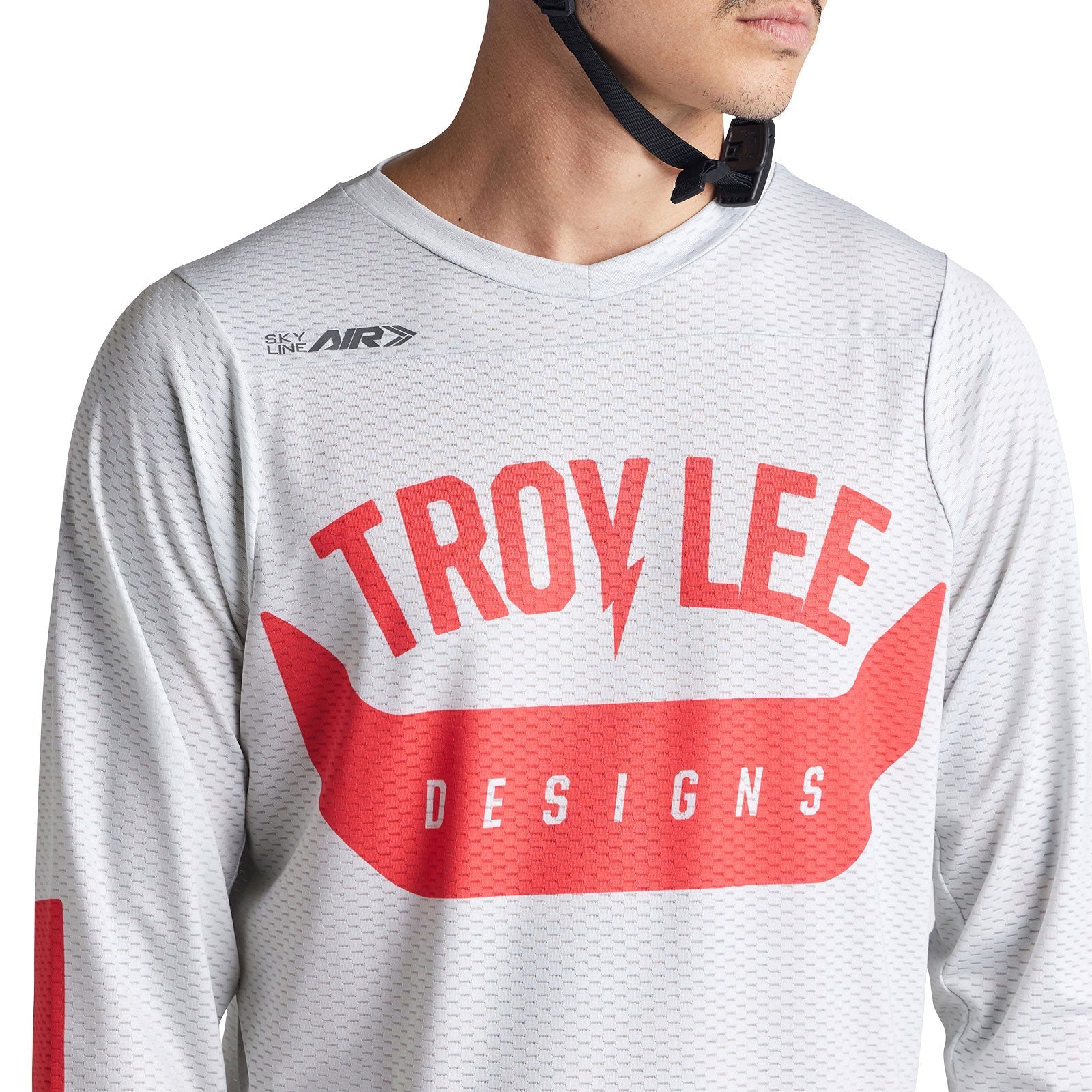 Troy Lee Designs Skyline Air long sleeve jersey in cement gray with red Troy Lee Designs logo