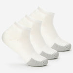 Thorlos white ankle socks with gray toe caps, three pack displayed together