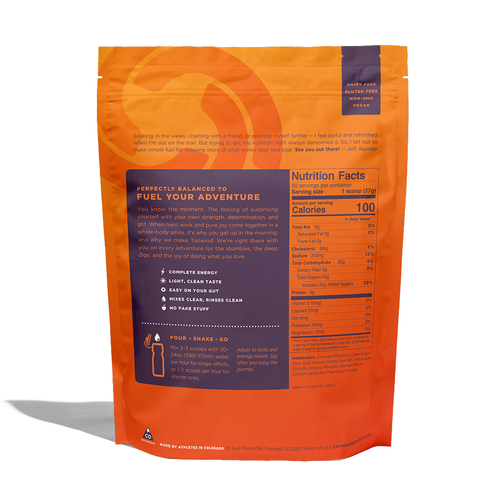 Tailwind Endurance Fuel 48oz Mandarin flavor back panel showing nutrition facts and product description