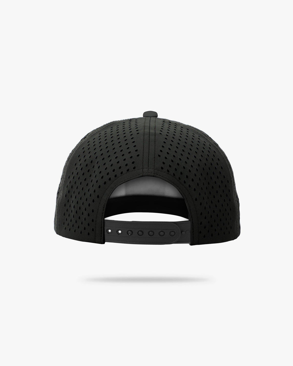 Rear view of Wrld Tags Miami black perforated snapback hat showing adjustable snapback closure