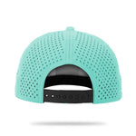 Mint green perforated snapback hat with black adjustable strap, rear view