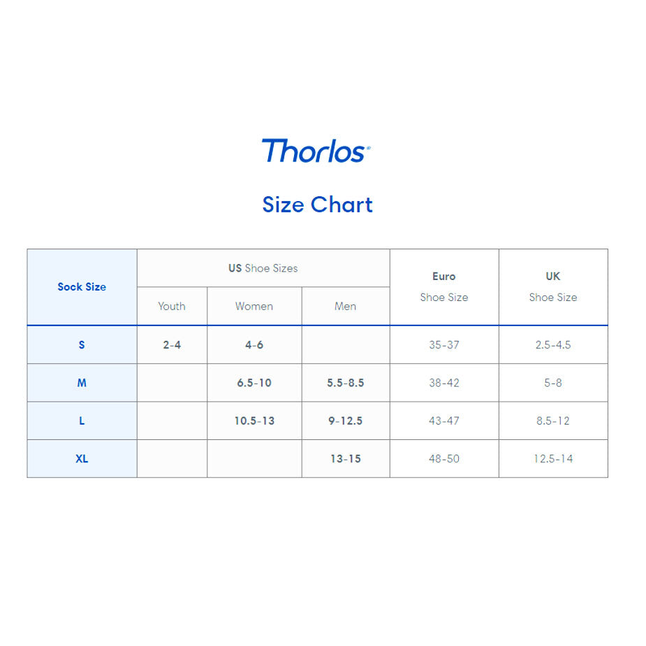 Thorlos official size chart showing sock sizes S through XL with US, Euro, and UK shoe size equivalents