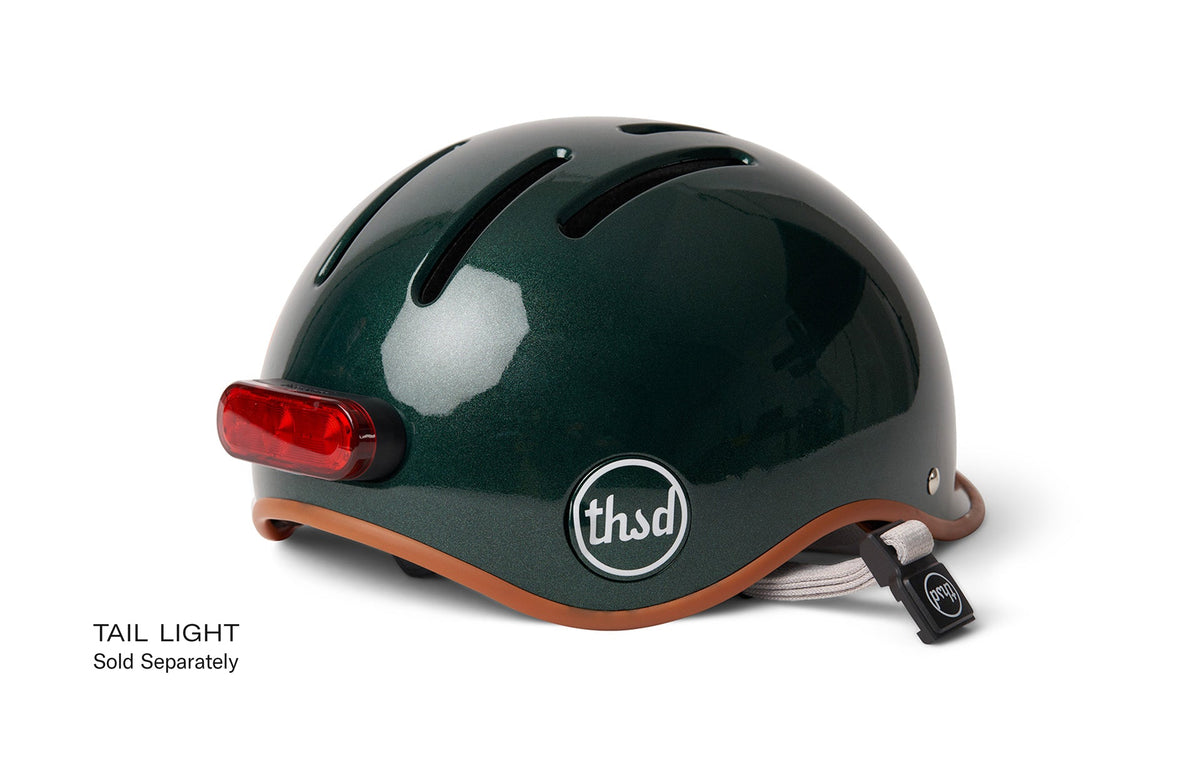 Thousand Heritage 2.0 bike helmet in British Racing Green with tan trim and red tail light