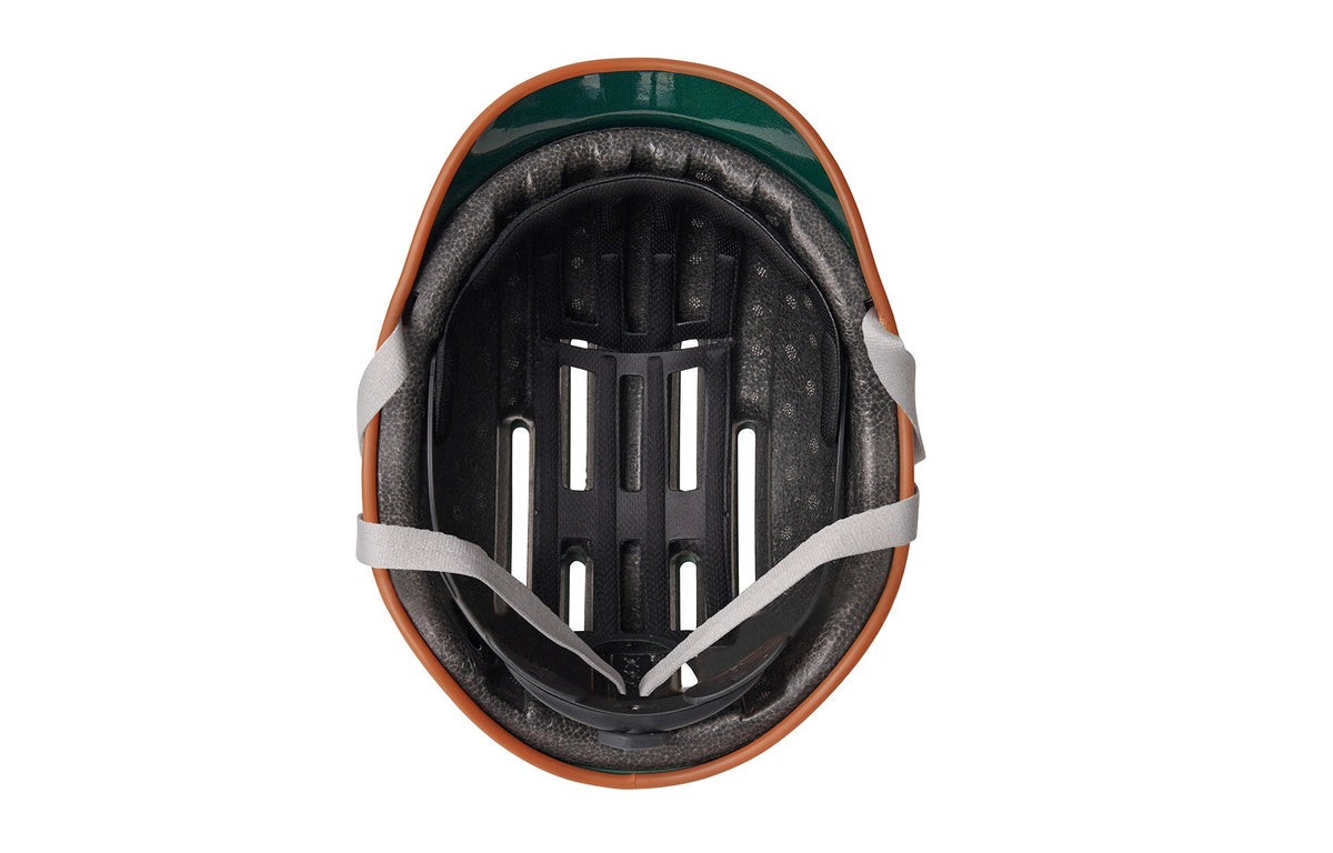 Interior view of Thousand Heritage 2.0 helmet in British Racing Green showing padding and retention system