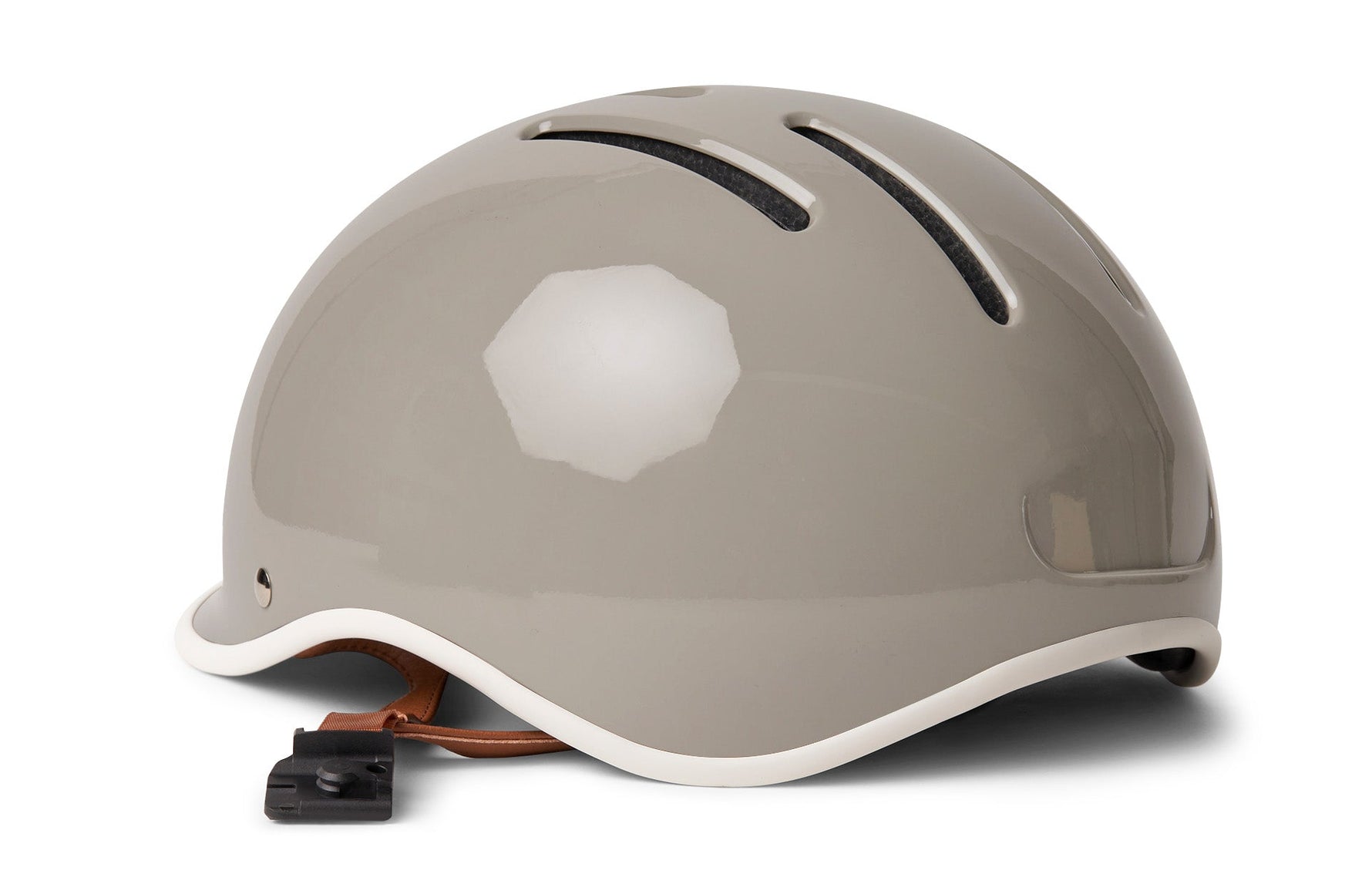 Thousand Heritage 2.0 bike helmet in dove grey with white trim and brown leather straps