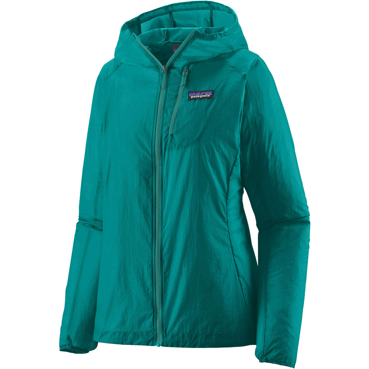 Patagonia Women's Houdini Jacket in teal green with hood and full zip