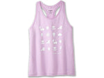 Brooks Distance Tank 3.0 in light orchid purple with white nature-themed icons and Run Happy text