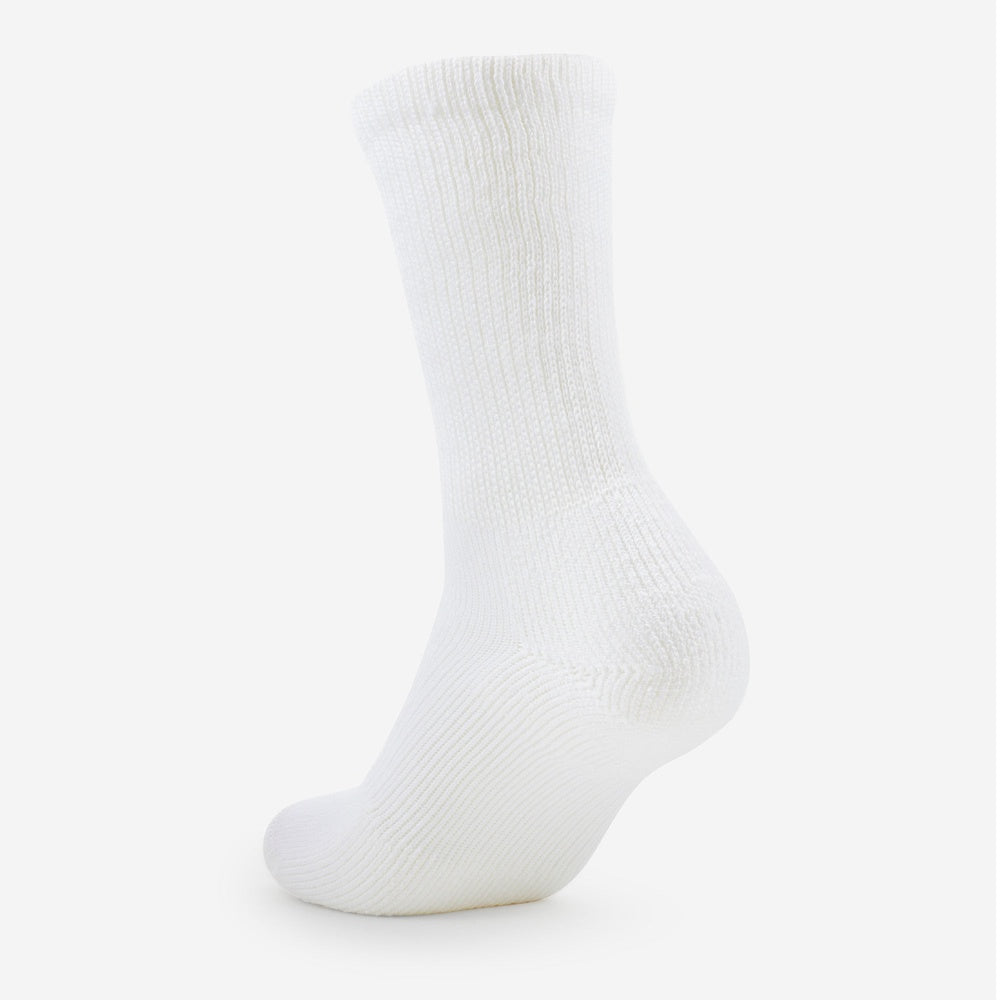 Thorlos white crew sock shown from rear angle on neutral background