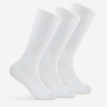 Three white Thorlos Walking Moderate Cushion Crew Socks displayed upright on clean background