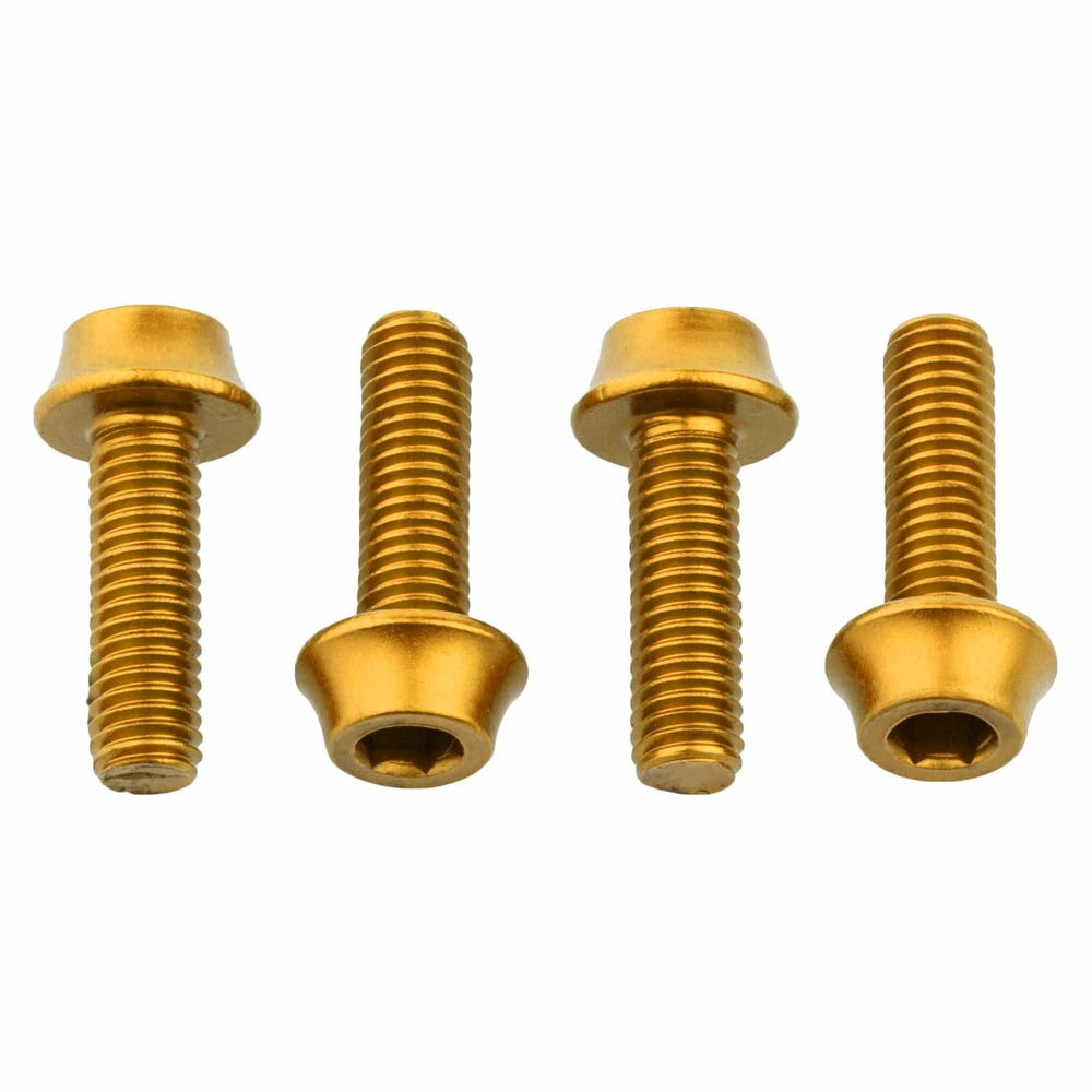 Four gold anodized aluminum bottle cage bolts with hex socket heads on white background