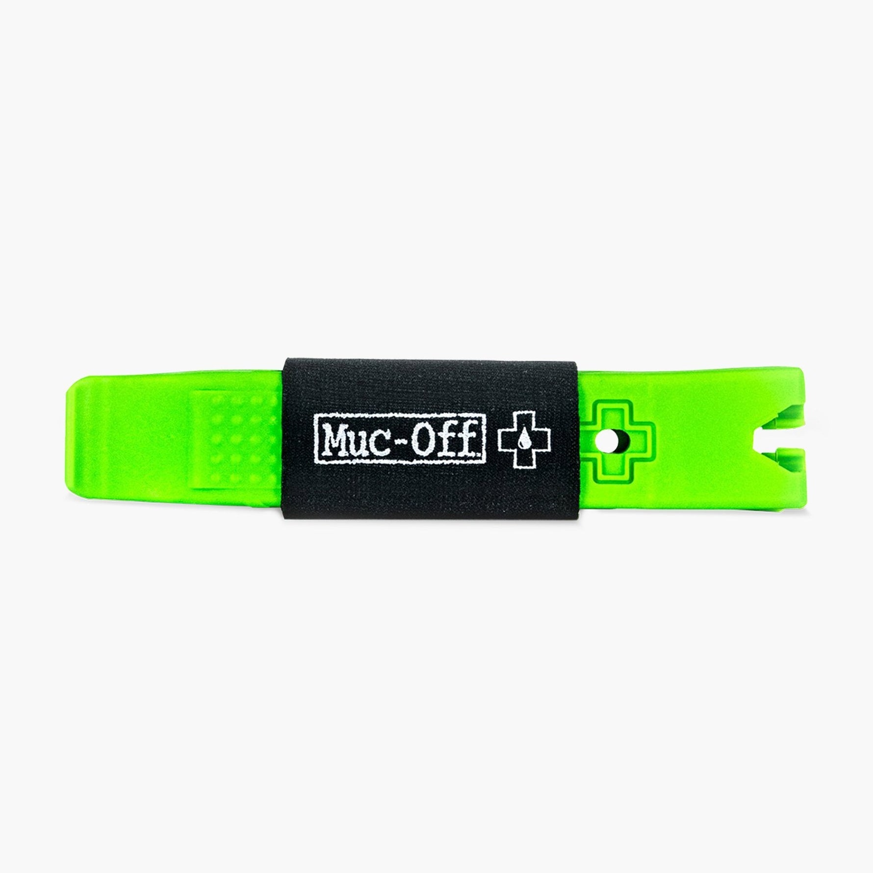 Muc-Off Rim Stix bright green tire levers with black center band on white background
