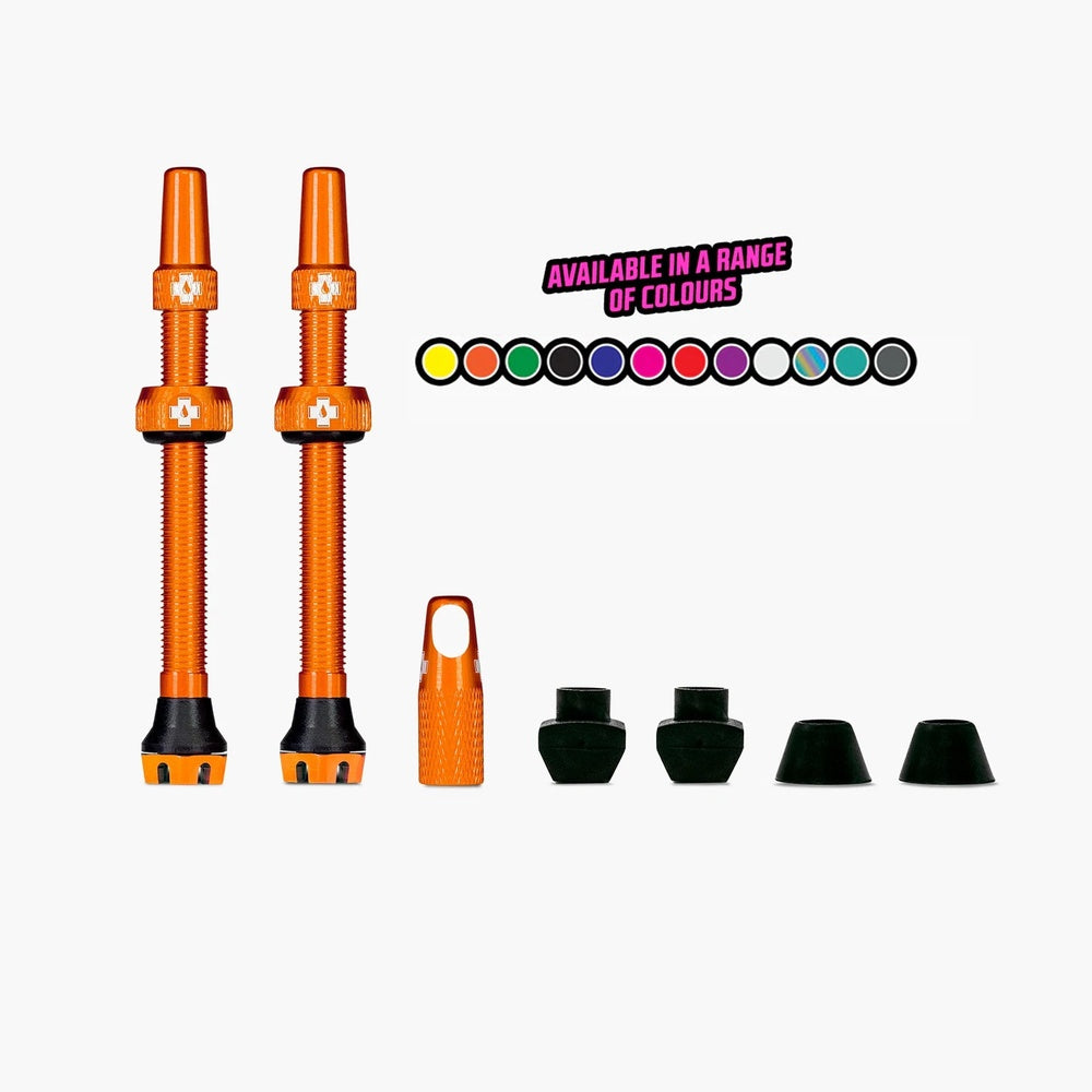 Muc-Off V2 Tubeless 44mm Valve Kit in orange with color options display
