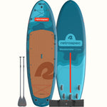 Retrospec Weekender Crew 12-foot inflatable SUP board shown front and back with two paddles and carry bag