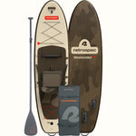 Retrospec Weekender Plus inflatable SUP kayak hybrid board shown front, back, with paddle and carry bag