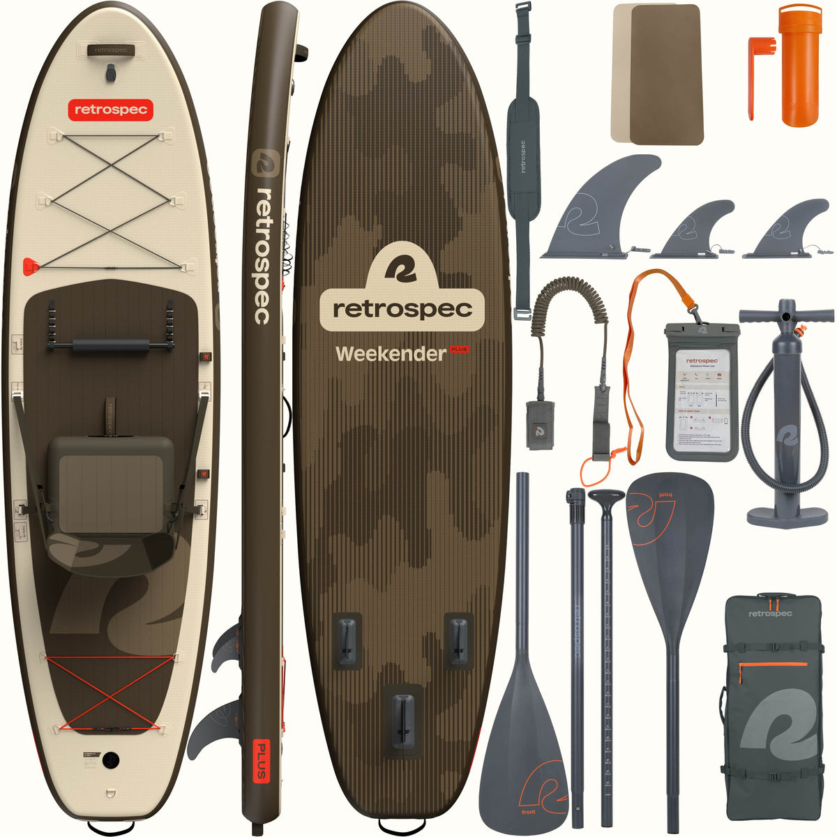Retrospec Weekender Plus inflatable SUP kayak hybrid board with complete accessory kit displayed