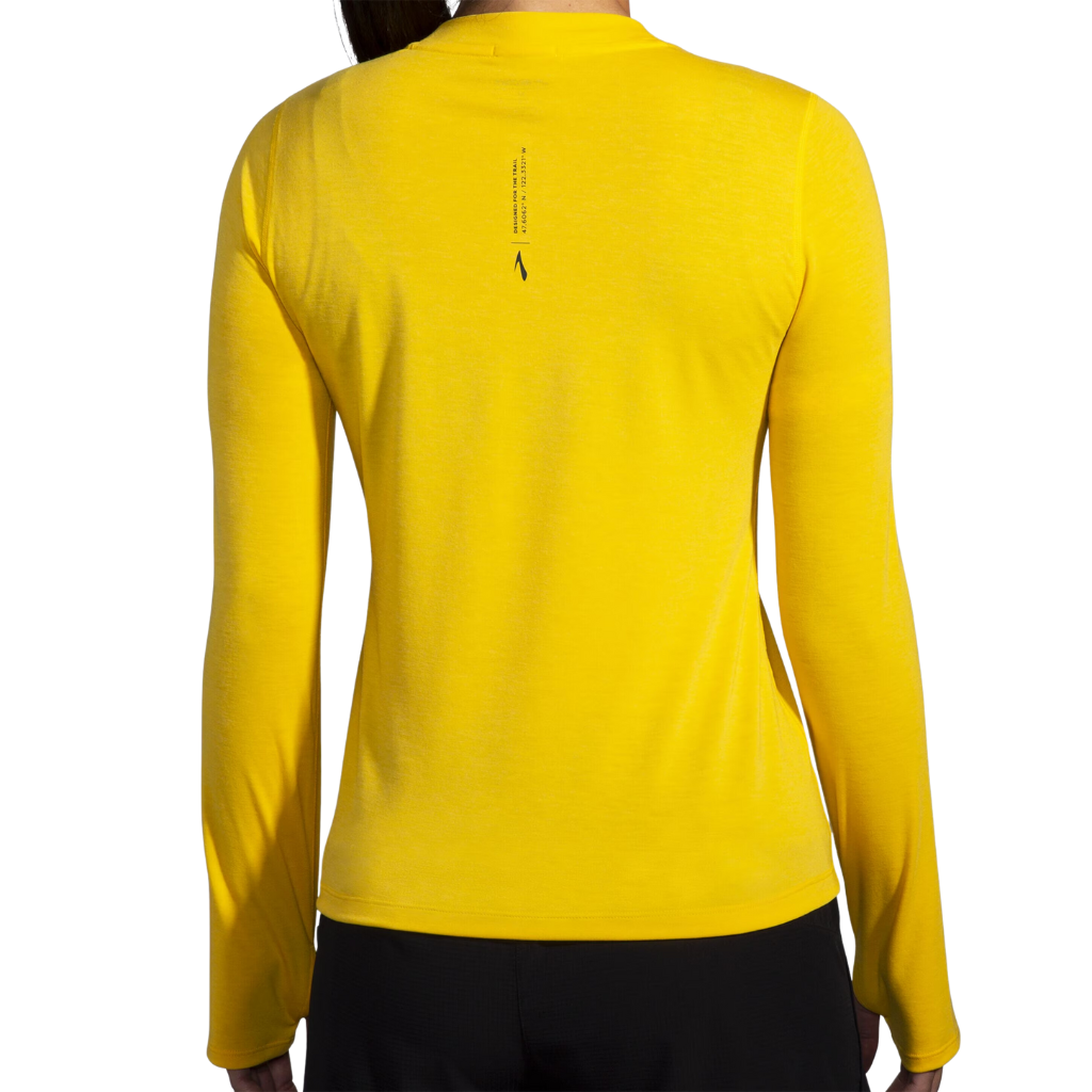 Brooks High Point Long Sleeve in Lemon Chrome yellow, rear view on female model