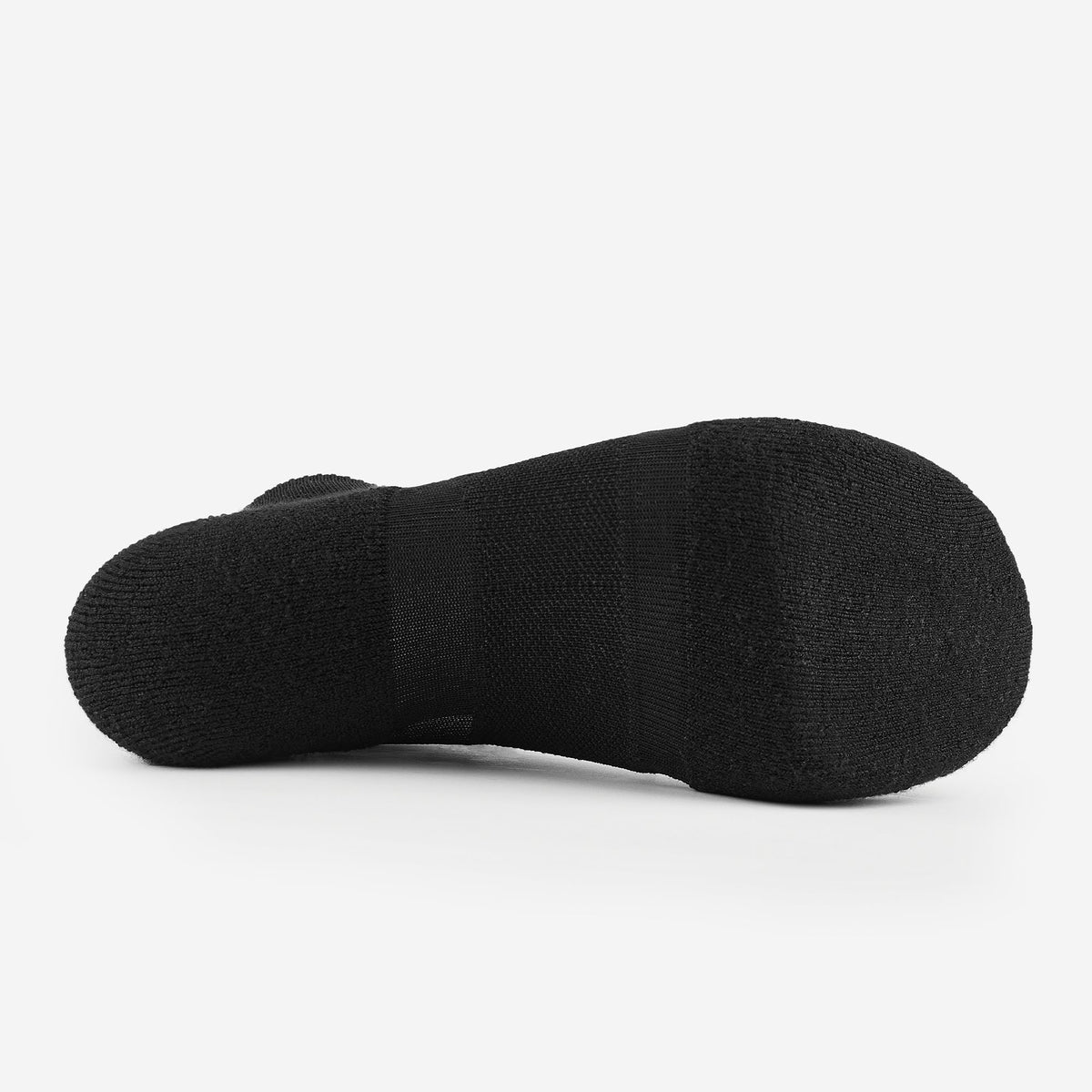 Bottom sole view of Thorlos Experia Energy black knit running sock showing textured grip