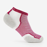 Thorlos Experia Energy low-cut running sock in berry pink and white with cushioned gray heel and toe