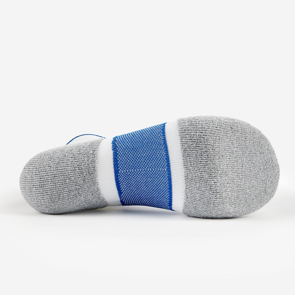 Bottom view of Thorlos Experia Energy Sock showing gray cushioned sole with blue stripe